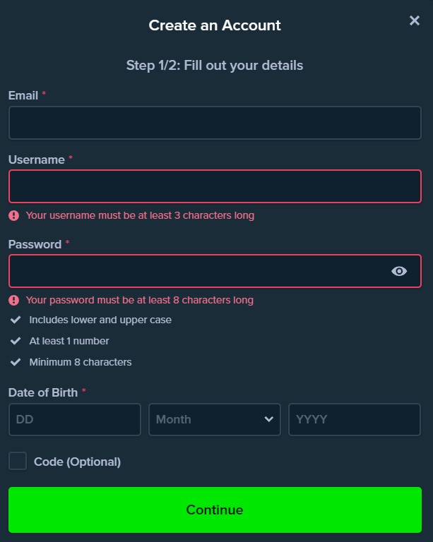 The registration window for the projectStake